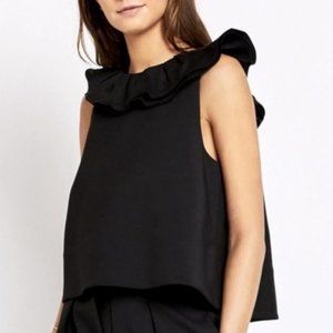 Tibi Agathe V-Back Ruffle Neck Black Top Small, XS